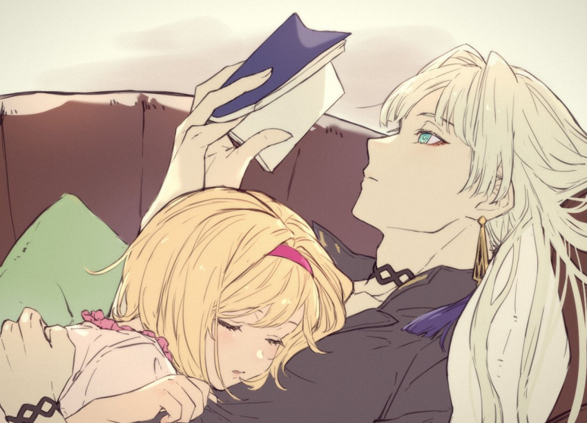 1boy, 1girl, blonde_hair, blue_eyes, cassius_(granblue_fantasy), collared_shirt, djeeta_(granblue_fantasy), dress