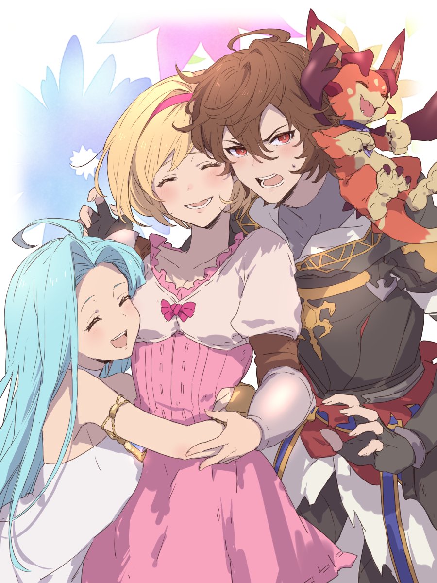 2boys, 2girls, ahoge, armor, belt, blonde_hair, blue_belt, blue_hair