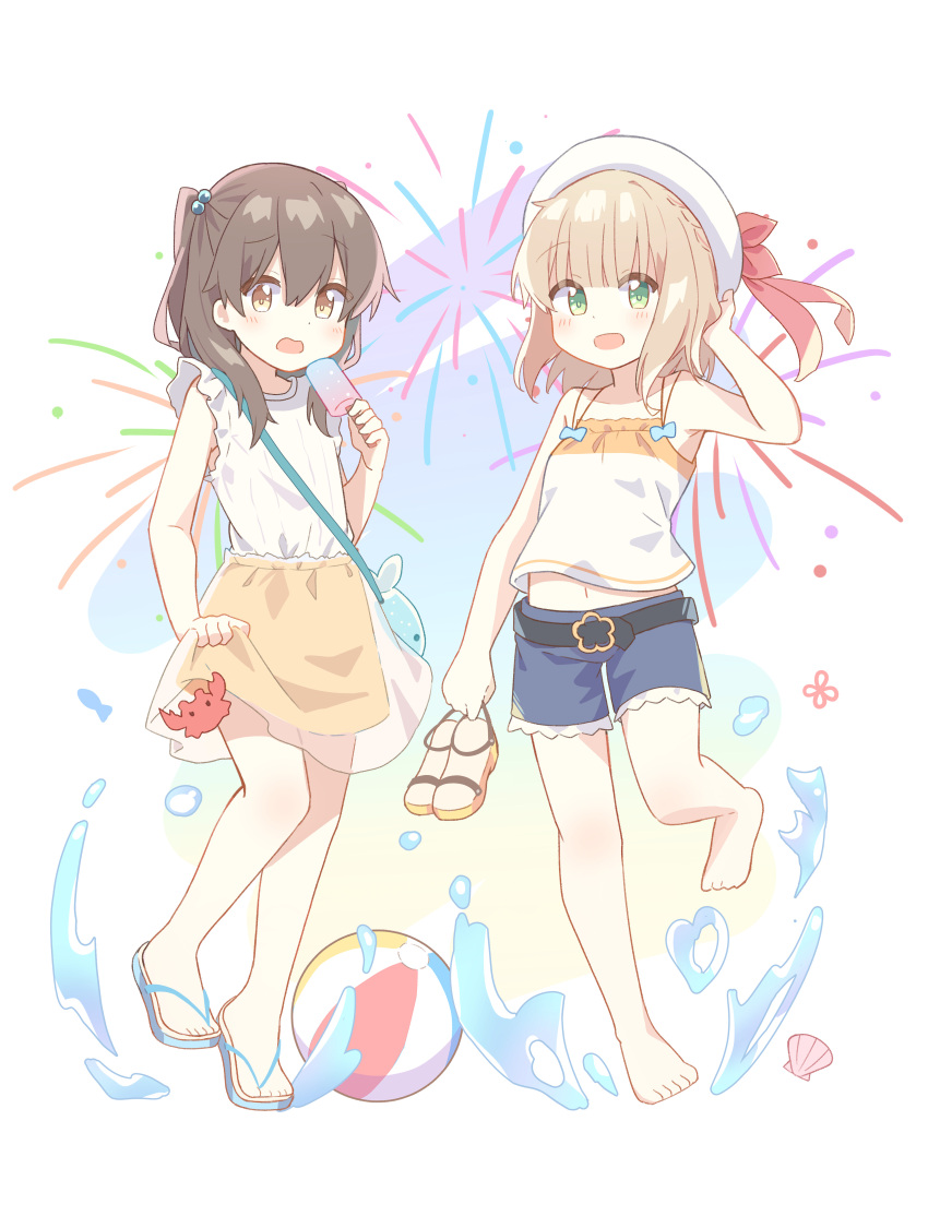 2girls, :d, absurdres, aerial_fireworks, bag, ball, bare_arms, bare_shoulders