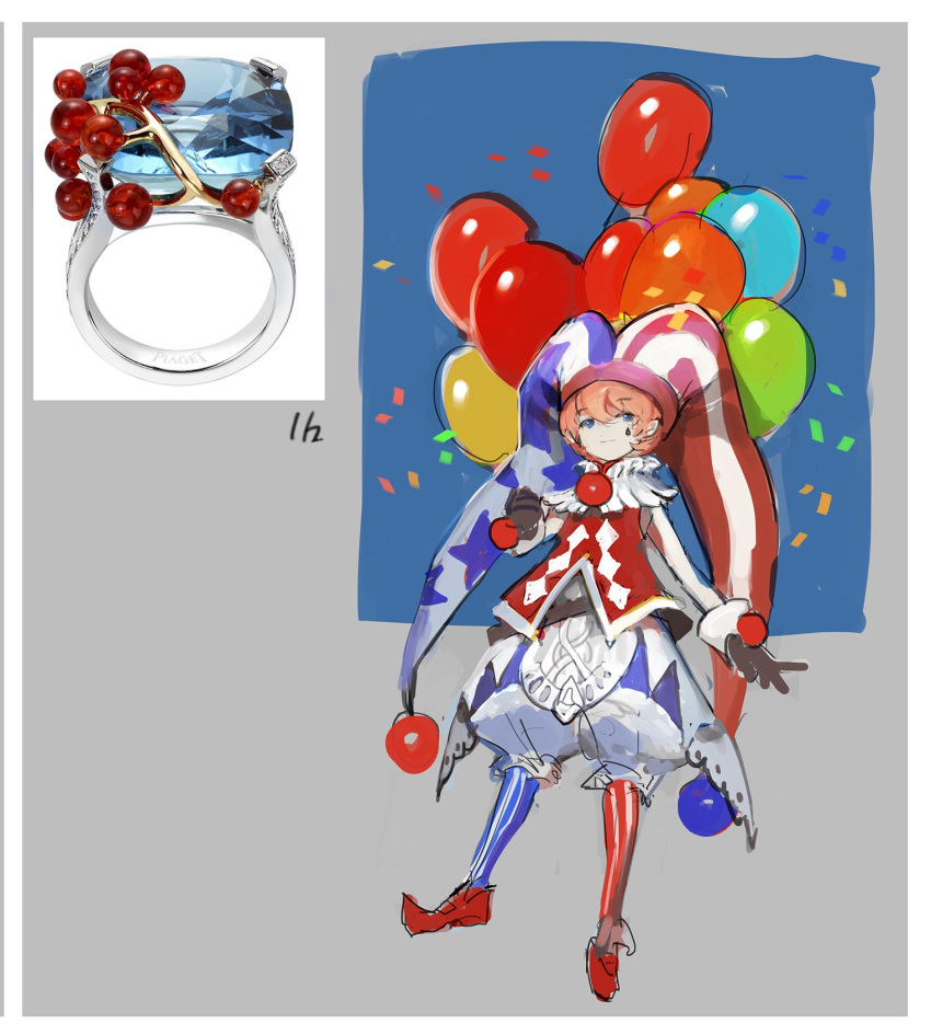 1boy, argyle_clothes, argyle_vest, asymmetrical_legwear, balloon, bare_arms, bare_shoulders, black_gloves
