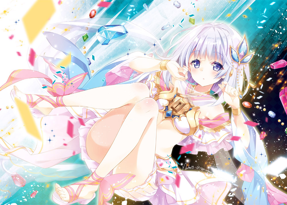 1girl, blue_eyes, convenient_leg, crop_top, gem, gem_hair_ornament, keyhole, mocha_(naturefour)