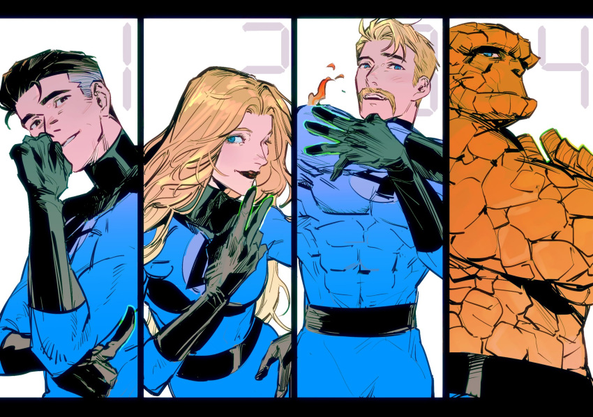 1girl, ben_grimm, black_hair, blonde_hair, blue_eyes, bodysuit, facial_hair, fantastic_four