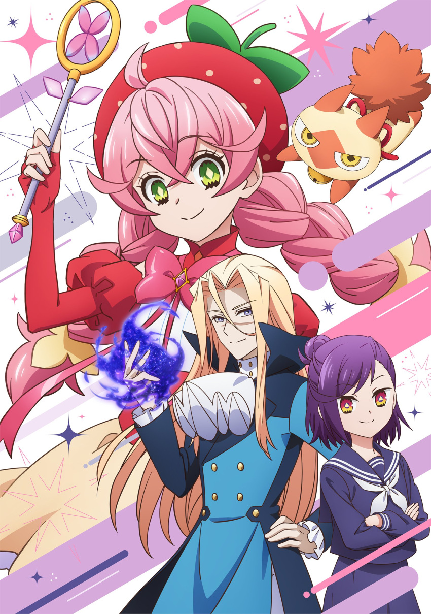 1boy, 2girls, absurdres, acro_trip, ascot, bell, berry_blossom, blonde_hair