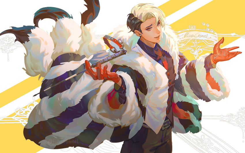 1boy, black_eyes, black_hair, blonde_hair, coat, commentary_request, cowboy_shot, divus_crewel