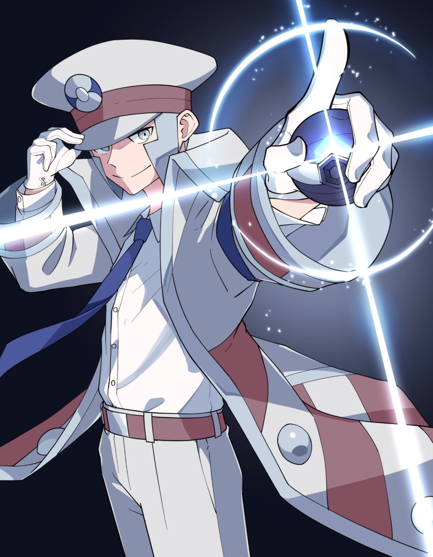 1boy, adjusting_clothes, adjusting_headwear, armband, belt, blue_armband, blue_necktie, coat