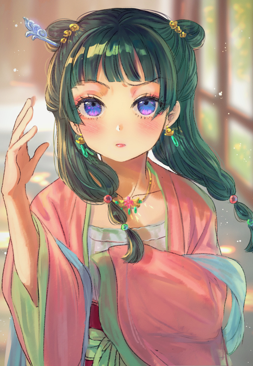 1girl, alternate_costume, binik_ex, black_hair, blunt_bangs, blurry, blurry_background, bow