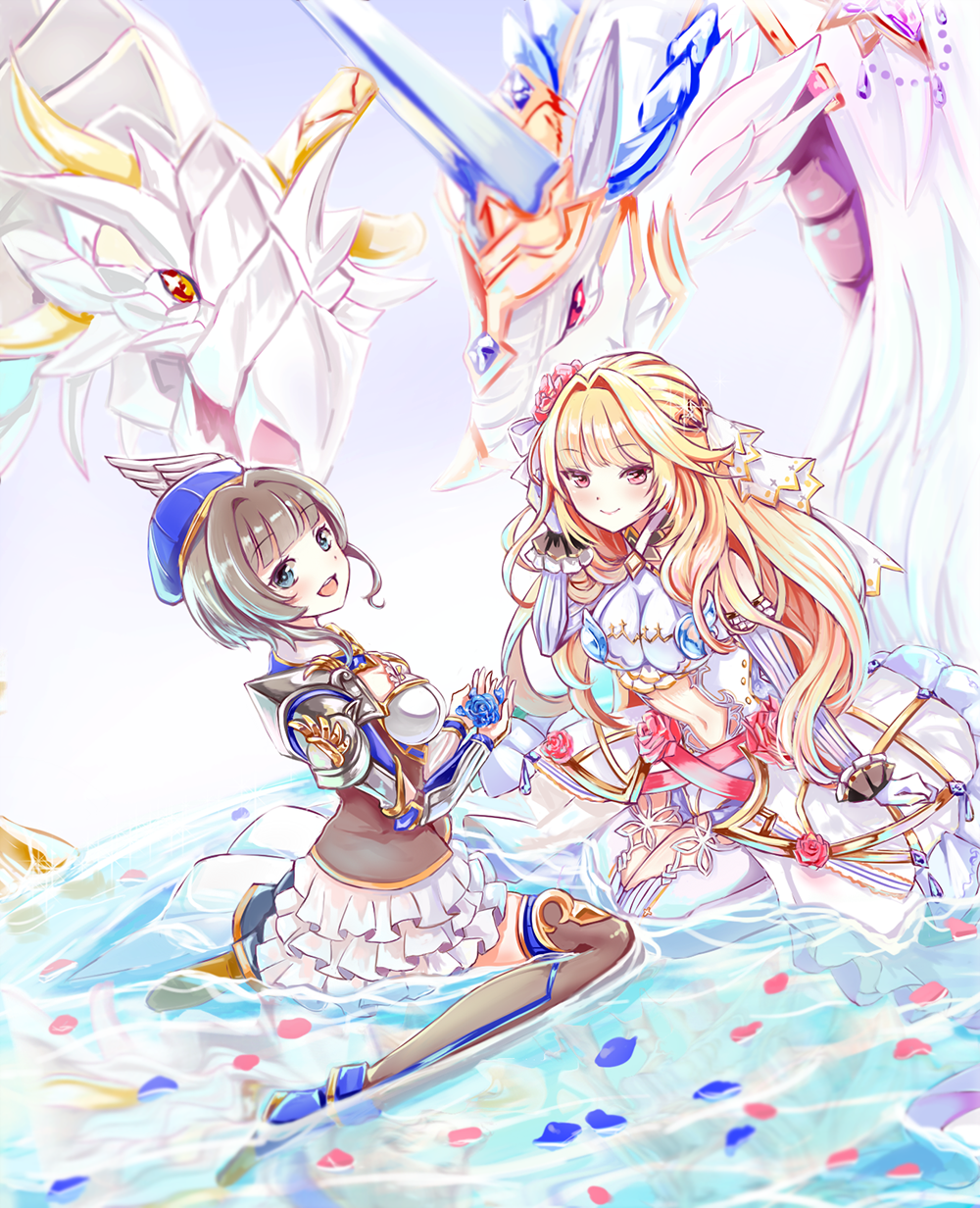 2girls, ari_(aland353), armor, armored_dress, beret, blonde_hair, brown_hair, clothing_cutout