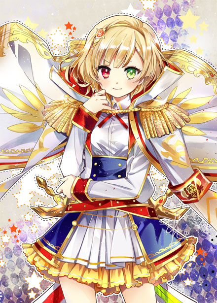 1girl, blonde_hair, chakuma_academy_uniform, charlotte_(shironeko_project), coat, coat_on_shoulders, green_eyes, heterochromia