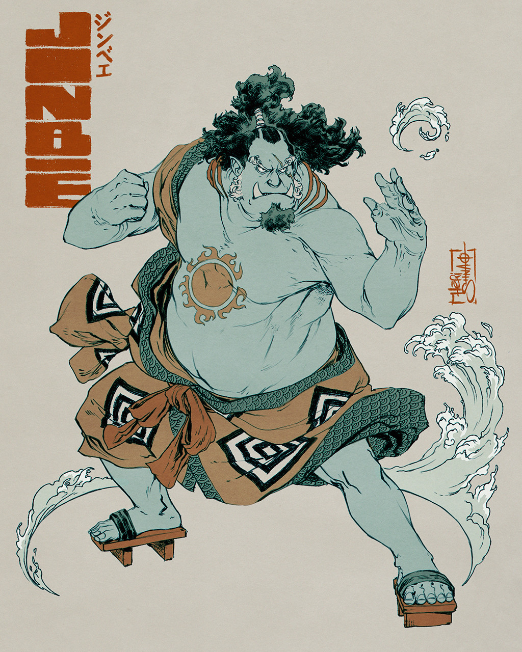 1boy, black_eyes, black_hair, blue_skin, character_name, chest_tattoo, clenched_hand, closed_mouth, colored_skin, commentary, curly_eyebrows, facial_hair, full_body, gills, goatee, heri_shinato, high_ponytail, highres, jinbe_(one_piece), long_hair, male_focus, one_piece, ponytail, sandals, scar, scar_across_eye, scar_on_face, solo, tattoo, topless_male, translation_request, tusks, water