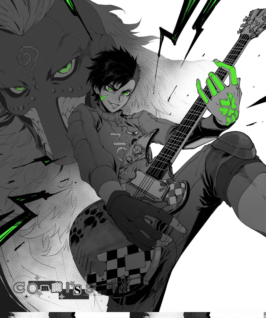 commentary_request, commission, corrupted_twitter_file, electric_guitar, english_text, gloves, green_eyes, guitar, highres, holding, holding_guitar, holding_instrument, instrument, knee_pads, limited_palette, male_focus, mixed-language_commentary, nanashi_(megami_tensei), shin_megami_tensei, shin_megami_tensei_iv, shin_megami_tensei_iv_final, smile