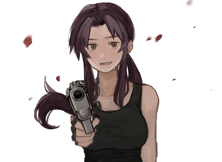1girl, absurdres, aiming, aiming_at_viewer, black_lagoon, black_shirt, brown_eyes, brown_hair