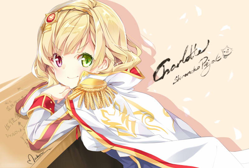 1girl, blonde_hair, chakuma_academy_uniform, charlotte_(shironeko_project), coat, coat_on_shoulders, elbows_on_table, green_eyes