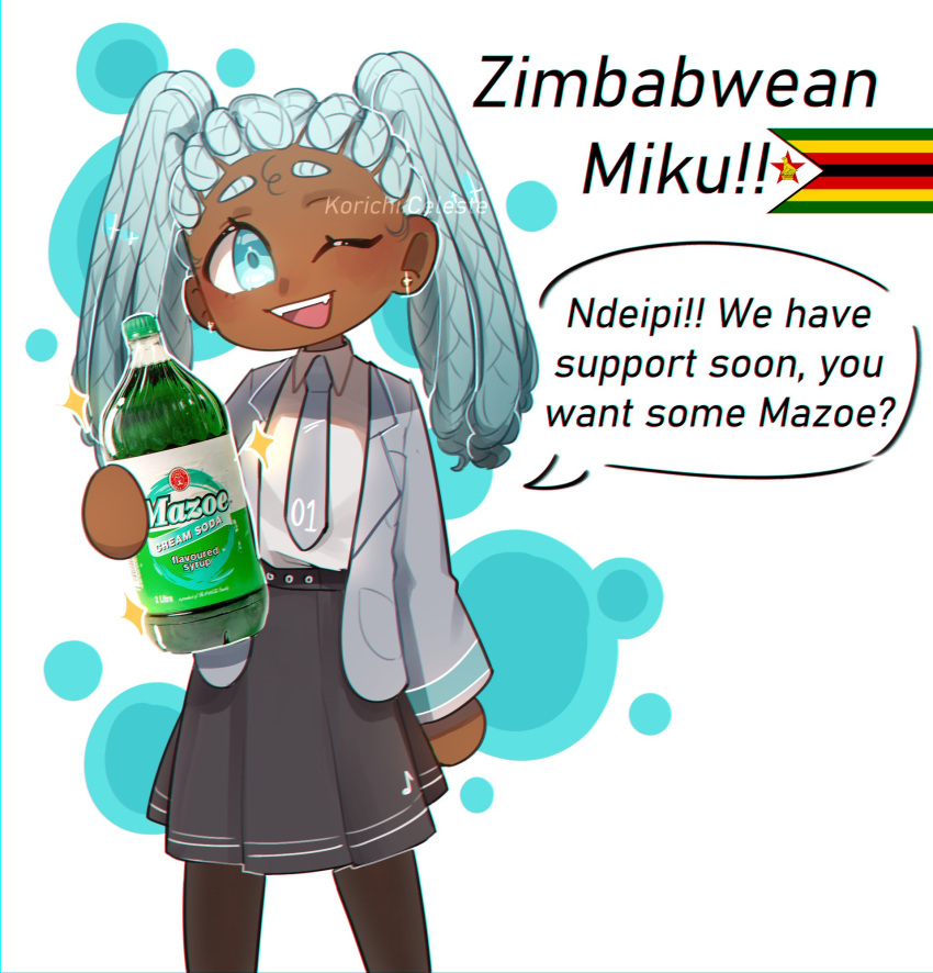 1girl, alternate_skin_color, artist_name, black_skirt, blush, bottle, braid, character_name