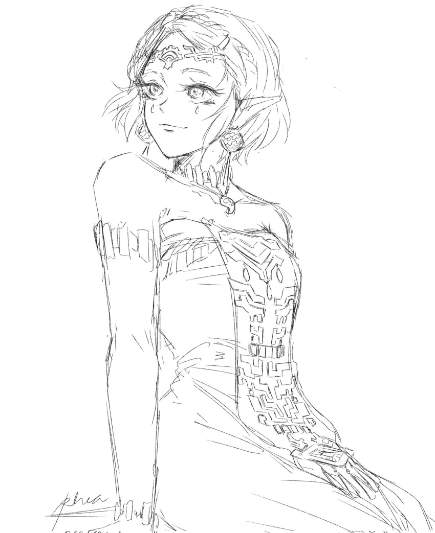 1girl, arm_support, bare_shoulders, collarbone, commentary, dress, earrings, english_commentary