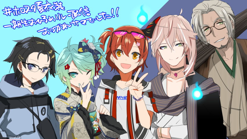 5boys, :d, ;o, aqua_eyes, aqua_hair, aqua_nails, arurandeisu, arurandeisu_(old_design)