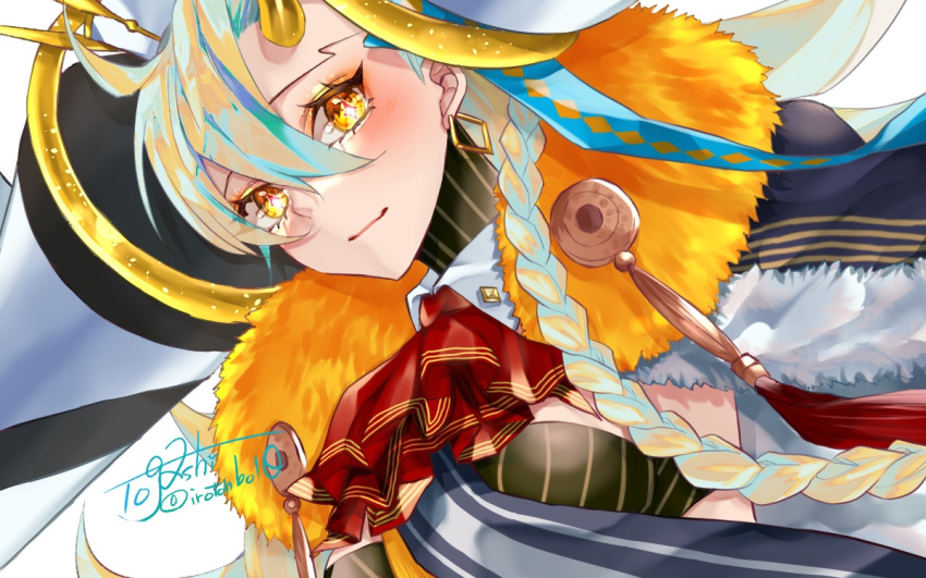 1girl, artist_name, ascot, braid, closed_mouth, commentary_request, earrings, fate/grand_order, fate_(series), jewelry, light_smile, looking_at_viewer, looking_back, multicolored_hair, olga_marie_animusphere, partial_commentary, red_ascot, signature, solo, togashi_(choco-bakama_kitchen), twitter_username, u-olga_marie, yellow_eyes
