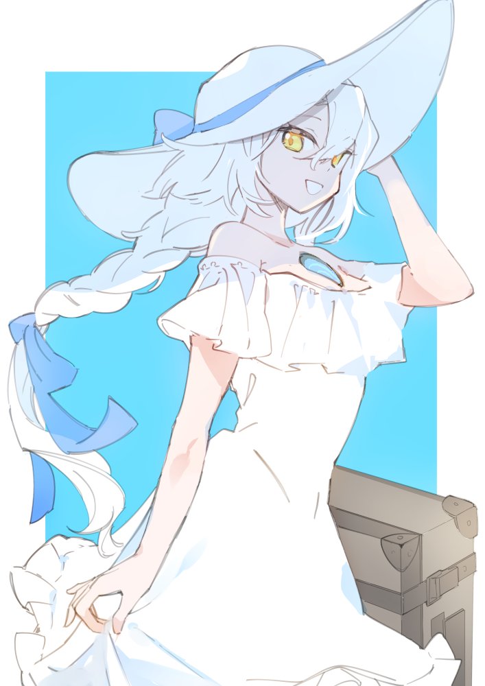 1girl, alternate_costume, blue_background, blue_ribbon, braid, braided_ponytail, breasts, commentary