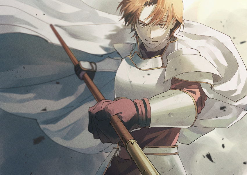 1boy, absurdres, armor, breastplate, brown_eyes, brown_hair, debris, eyelashes, gauntlets, grey_background, highres, holding, holding_polearm, holding_weapon, kurosujuu, leon_(tear_ring_saga), looking_at_viewer, male_focus, polearm, short_hair, solo, tear_ring_saga:_berwick_saga, upper_body, weapon