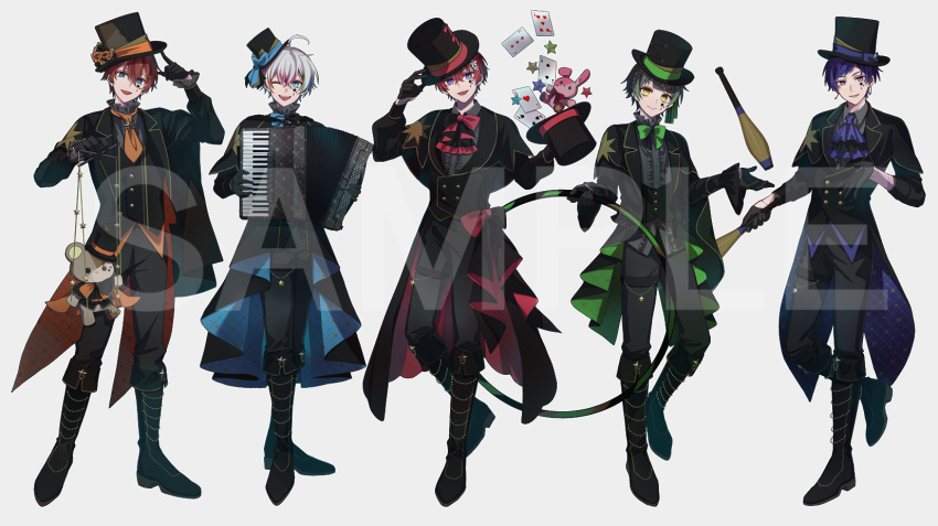 5boys, :d, ;d, accordion, ahoge, ascot, black_bow, black_bowtie