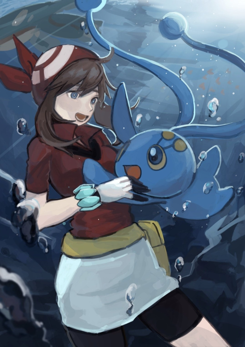 1girl, air_bubble, bandana, bike_shorts, black_shorts, blue_eyes, brown_hair, bubble