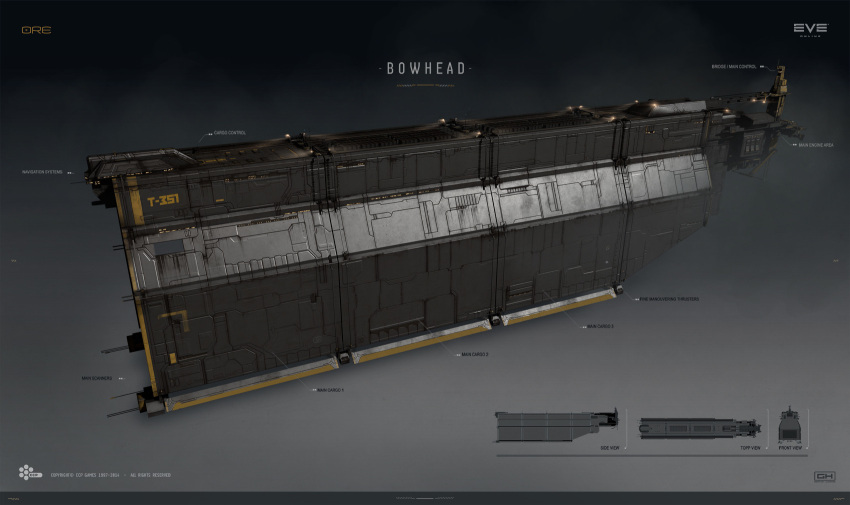 artist_logo, bowhead_(eve_online), capital_ship_(eve_online), commentary, company_logo, company_name, concept_art, copyright_name, dated, eve_online, freighter_(eve_online), from_side, georg_hilmarsson, glowing, grey_background, grey_theme, hauler_(eve_online), highres, logo, no_humans, official_art, outer_ring_excavations_(eve_online), radio_antenna, realistic, science_fiction, ship's_bridge, spacecraft, vehicle_focus