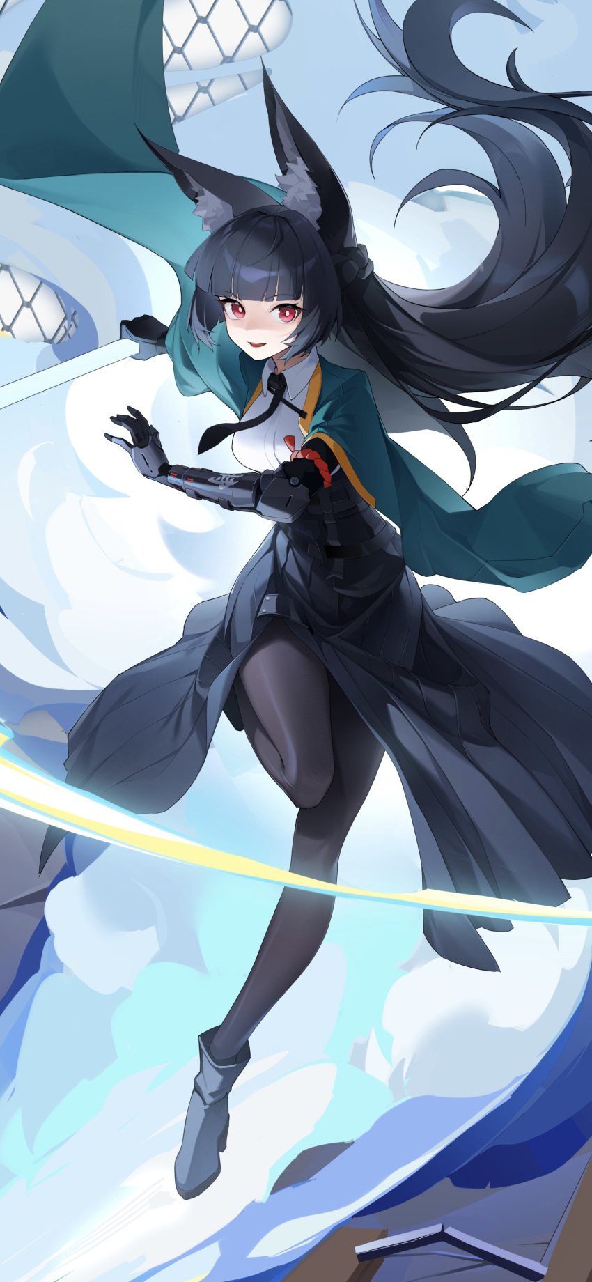 1girl, absurdres, animal_ear_fluff, animal_ears, black_footwear, black_gloves, black_hair, black_pantyhose