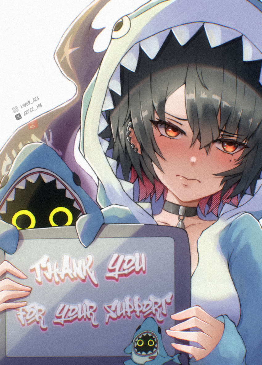1girl, animal_hood, axver_arg, black_hair, blush, closed_mouth, colored_inner_hair, ellen_joe, furrowed_brow, hair_between_eyes, highres, hood, mole, mole_under_eye, multicolored_hair, red_eyes, redhead, shark_hood, sharkboo_(zenless_zone_zero), sidelocks, simple_background, solo, two-tone_hair, upper_body, zenless_zone_zero