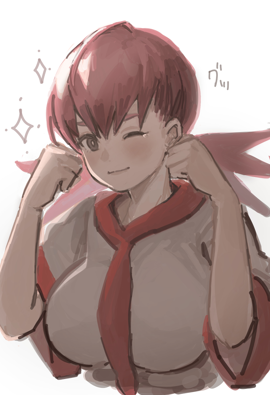 1girl, breasts, closed_mouth, highres, kmusy_mp4, large_breasts, looking_at_viewer, one_eye_closed