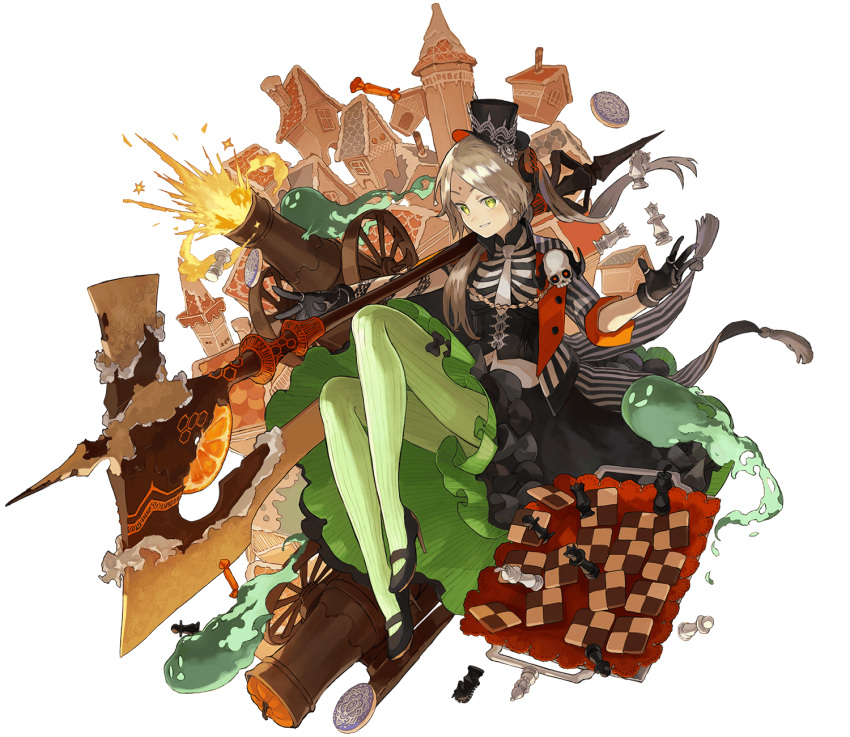 1girl, axe, black_footwear, black_gloves, black_skirt, cannon, chess_piece, chessboard