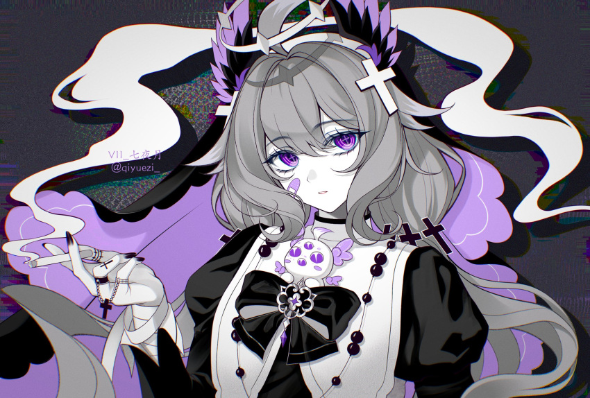 1girl, ahoge, aloupeep_(enna_alouette), bandaid, bandaid_on_face, black_nails, cigarette, cross
