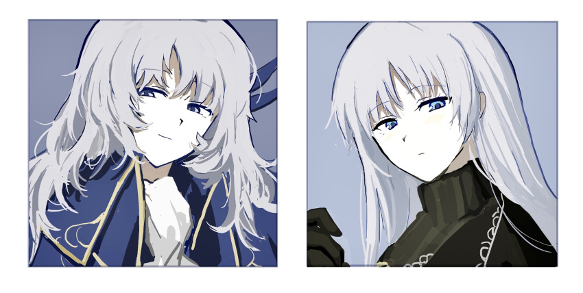 1boy, 1girl, angelica_(project_moon), argalia_(project_moon), black_jacket, black_sweater, blue_cape, border