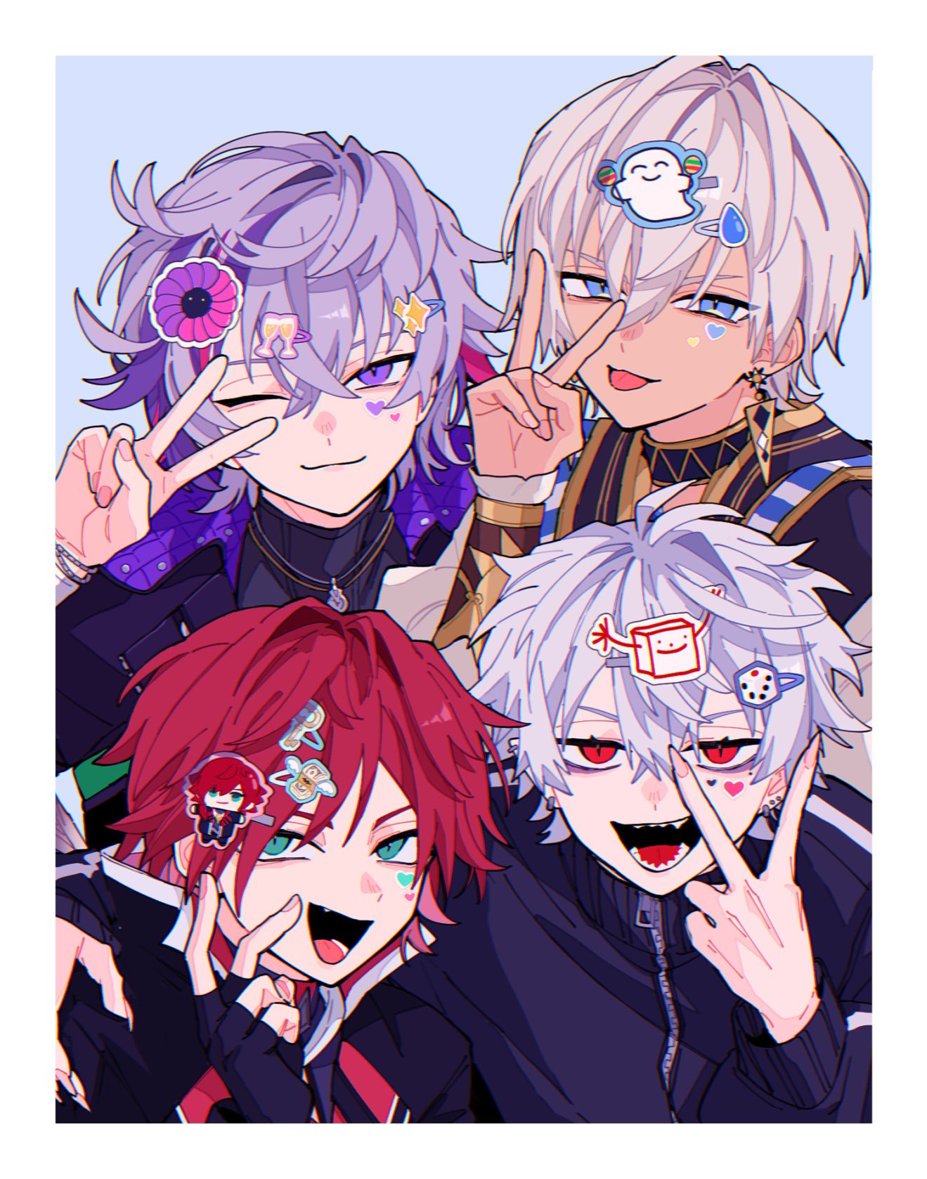 4boys, arm_guards, bags_under_eyes, black_jacket, blue_eyes, border, character_pin, crossed_bangs
