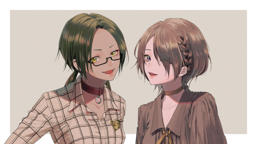 2girls, border, braid, brown_choker, brown_hair, brown_shirt, choker, collarbone, commission, eyelashes, fangs, glasses, green_hair, hair_over_one_eye, interlocked_mars_and_venus_symbols, kurosujuu, looking_at_viewer, low_twintails, mars_symbol, multiple_girls, o-ring, open_mouth, original, parted_lips, rectangular_eyewear, shirt, short_hair, skeb_commission, twintails, upper_body, venus_symbol, white_border