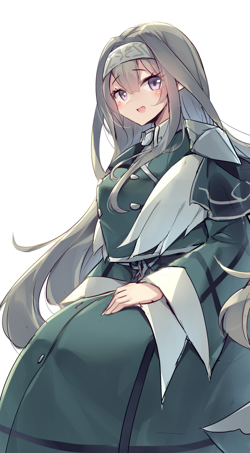 1girl, absurdres, dress, duel_monster, exosister_irene, green_dress, grey_hair, headband