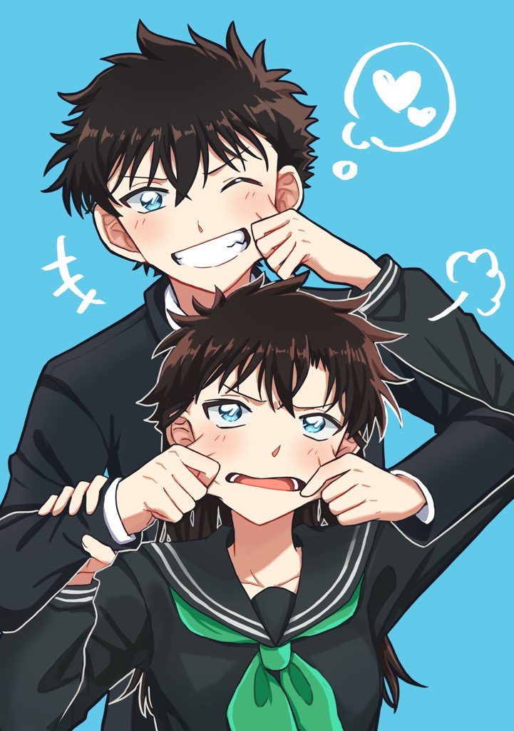 1boy, 1girl, arm_up, blue_background, blue_eyes, brown_hair, cheek_pull, commentary_request, couple, grin, hand_on_another's_arm, heart, hetero, kuroba_kaito, long_hair, looking_at_another, looking_down, looking_up, magic_kaito, mu_gi_non, nakamori_aoko, one_eye_closed, open_mouth, school_uniform, short_hair, smile, teasing, thought_bubble