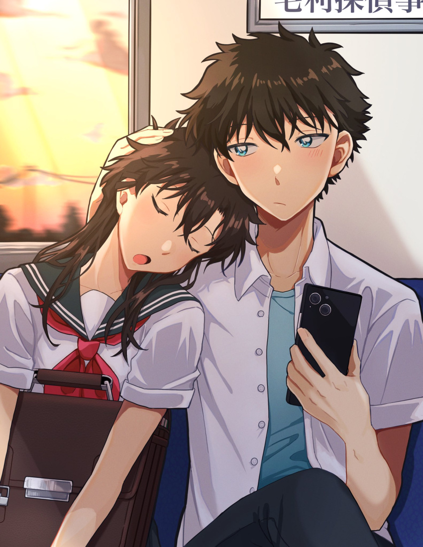 1boy, 1girl, bag, blue_eyes, blue_shirt, brown_hair, cellphone, closed_eyes, commentary_request, couple, crossed_legs, hand_on_another's_head, hetero, highres, holding, holding_phone, kuroba_kaito, looking_at_another, looking_to_the_side, magic_kaito, medium_hair, motion_blur, mu_gi_non, nakamori_aoko, open_mouth, phone, sailor_collar, sailor_shirt, school_bag, school_uniform, shirt, short_hair, short_sleeves, sleeping, sleeping_on_person, white_shirt, window
