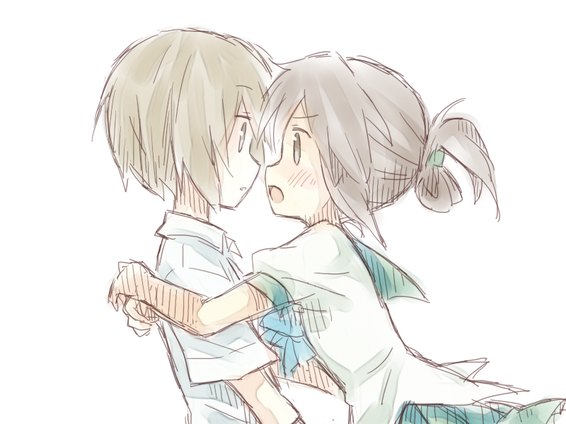 1boy, 1girl, blush, brown_eyes, brown_hair, couple, doll_(game), folded_ponytail