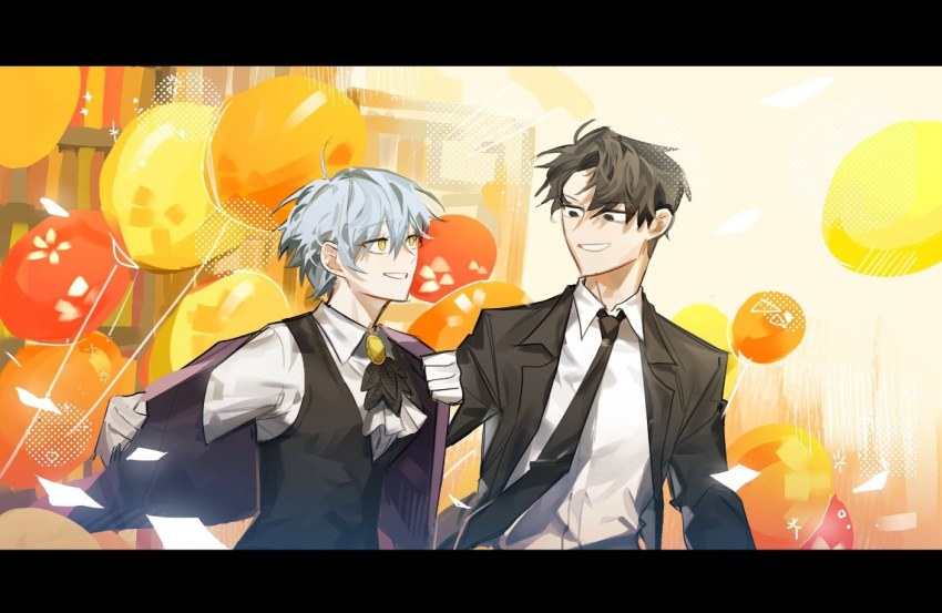 1boy, 1girl, angela_(project_moon), ascot, balloon, black_eyes, black_hair, black_jacket, black_necktie, black_vest, bookshelf, collared_shirt, indoors, jacket, library, library_of_ruina, long_sleeves, necktie, open_mouth, parted_bangs, project_moon, roland_(project_moon), shirt, silyeogjeoha, smile, upper_body, vest, white_ascot, white_shirt, wing_collar