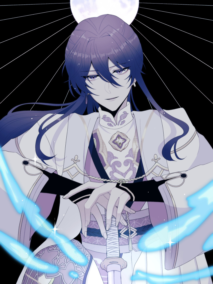 1boy, absurdres, black_arm_warmers, black_background, blue_fire, cowboy_shot, earrings, ensemble_stars!, fire, floating_hair, full_moon, gold_trim, hair_between_eyes, hair_intakes, hakama, high_collar, highres, hitodama, holding, holding_sword, holding_weapon, hoop_earrings, japanese_clothes, jewelry, kanzaki_souma, katana, kimono, layered_clothes, layered_kimono, light_particles, light_rays, limited_palette, long_hair, long_sleeves, looking_at_viewer, male_focus, moon, narrowed_eyes, obi, obijime, official_alternate_costume, open_mouth, own_hands_together, ponytail, priest, purple_hair, robe, sash, shippou_(pattern), sidelocks, sleeves_past_wrists, solo, sparkle, stole, sword, tassel, tetra_c_xxx, violet_eyes, weapon, white_hakama, white_robe, wide_sleeves