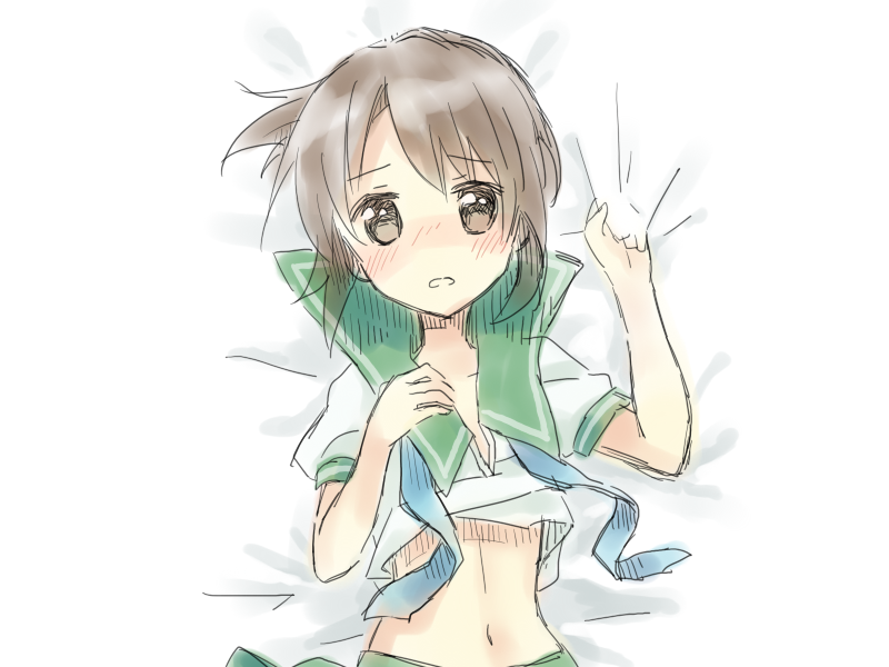 1girl, blush, brown_eyes, brown_hair, doll_(game), green_sailor_collar, kurume_yuki, loose_clothes