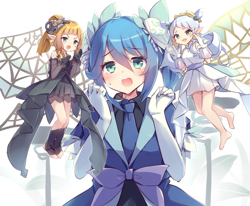 3girls, absurdres, aromage_rosemary, aromalilith_magnolia, aromalilith_rosalina, barefoot, black_dress, blonde_hair, blue_dress, blue_eyes, blue_hair, derivative_work, dress, duel_monster, green_eyes, grey_hair, highres, kanzakietc, mini_person, minigirl, multiple_girls, nervous, shoulder_angel, shoulder_devil, solo_focus, white_dress, yu-gi-oh!