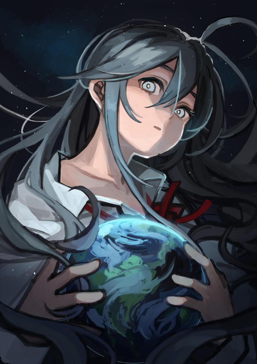 1girl, ahoge, blue_eyes, blue_hair, collared_shirt, denpa_onna_to_seishun_otoko, earth_(planet), eyelashes