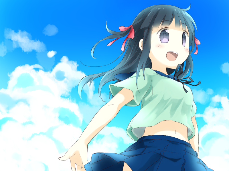 1girl, black_hair, blue_sailor_collar, blue_skirt, blue_sky, blunt_bangs, blush, doll_(game)