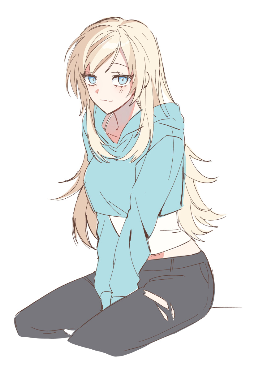 1girl, absurdres, aqua_hoodie, blonde_hair, blue_eyes, class_of_09, cropped_legs, denim