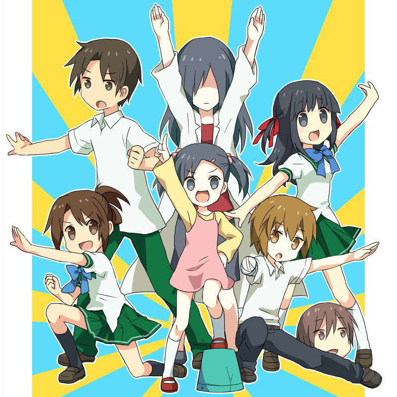 2boys, 4girls, agasaki_yuna, black_hair, blonde_hair, blunt_bangs, brown_hair, doctor_agasaki