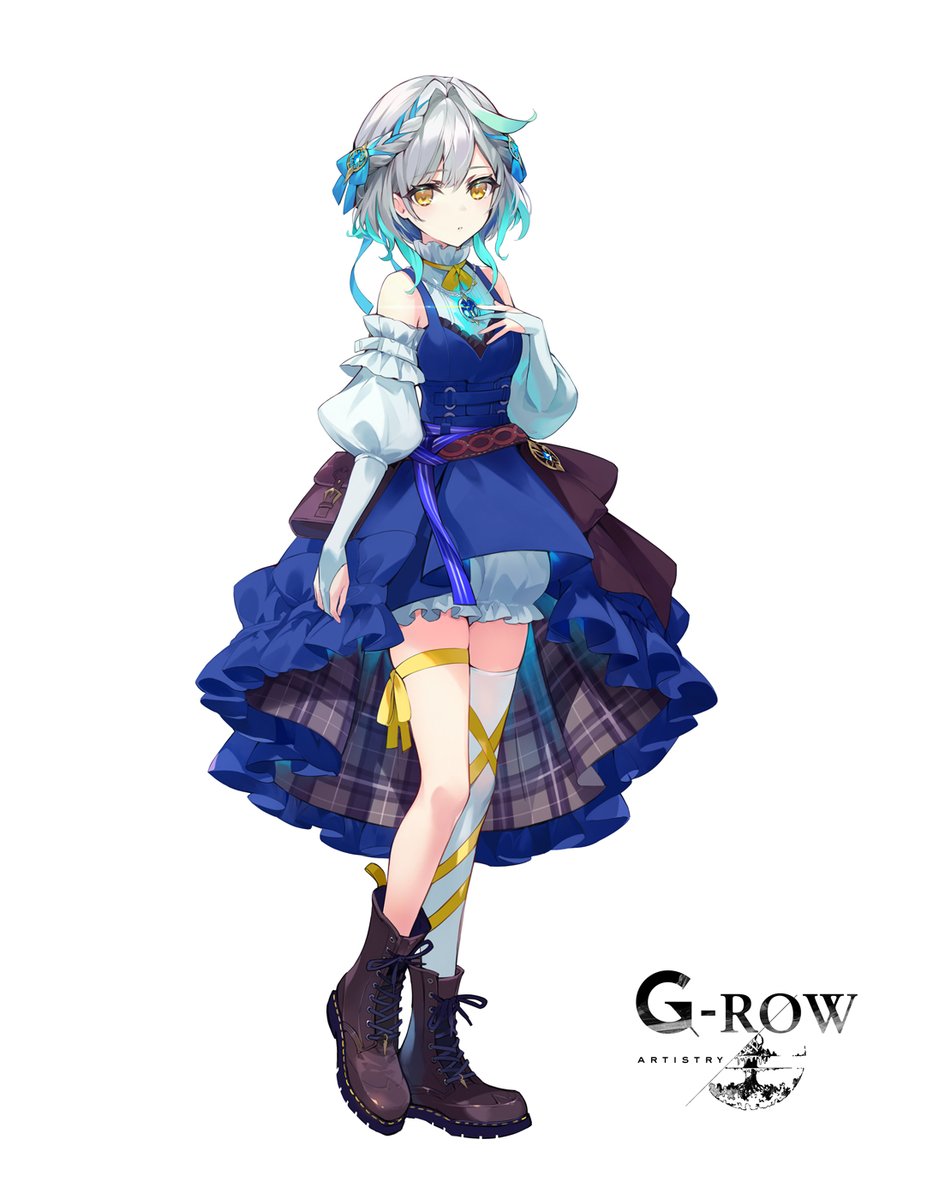 1girl, aqua_hair, bloomers, blue_dress, blue_skirt, braid, brown_footwear, detached_sleeves
