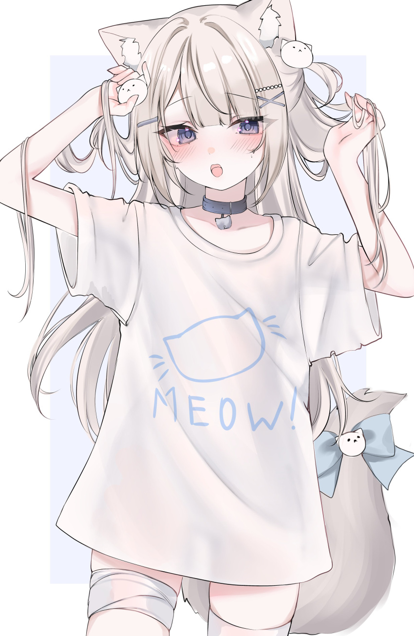 1girl, absurdres, acedia, animal_ears, animal_print, bandaged_leg, bandages, cat_ears, cat_girl, cat_hair_ornament, cat_pendant, cat_print, cat_tail, clothes_writing, collar, egguwaifu, hair_ornament, hands_in_hair, highres, indie_virtual_youtuber, light_brown_hair, long_hair, looking_at_viewer, naked_shirt, no_pants, see-through_silhouette, shirt, single_thighhigh, sweat, tail, thigh-highs, violet_eyes, virtual_youtuber, white_shirt, white_thighhighs