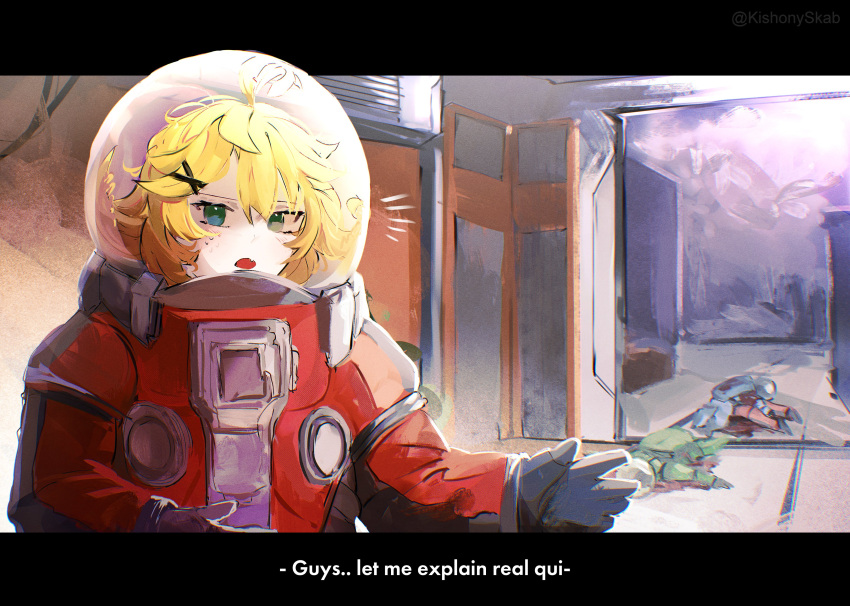 absurdres, ahoge, aqua_eyes, blonde_hair, blood, corpse, dokibird_(vtuber), dokibird_(vtuber)_(bounty_hunter), english_text, hair_ornament, hairclip, hallway, highres, indie_virtual_youtuber, indoors, kishonyskab, lockdown_protocol, looking_at_viewer, medium_hair, open_mouth, spacesuit, subtitled, upper_body