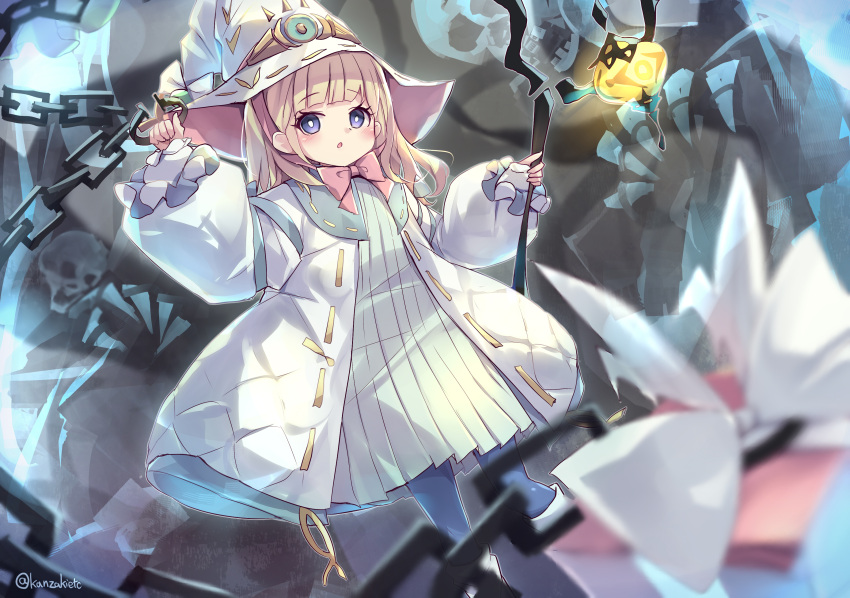 1girl, absurdres, blonde_hair, blue_eyes, bow, box, chain, diabellze_the_original_sinkeeper