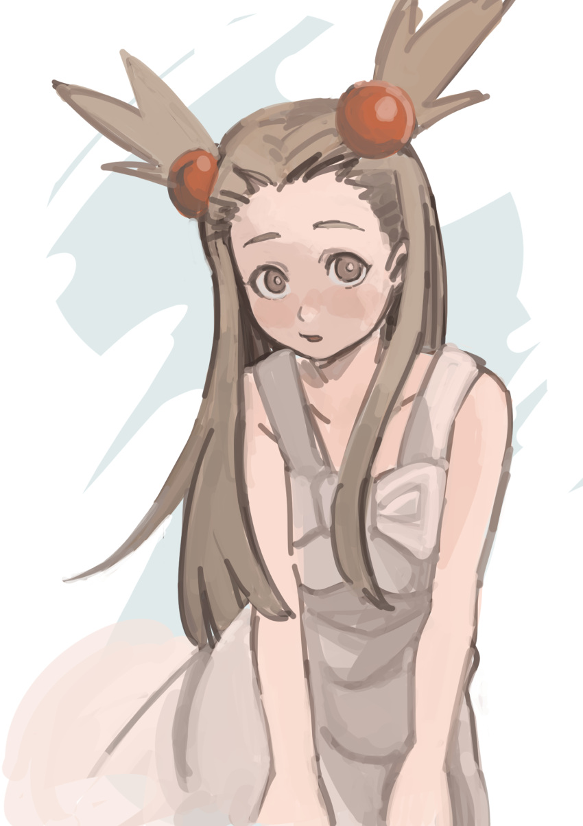 1girl, blush, bright_pupils, brown_eyes, brown_hair, collarbone, dress, forehead